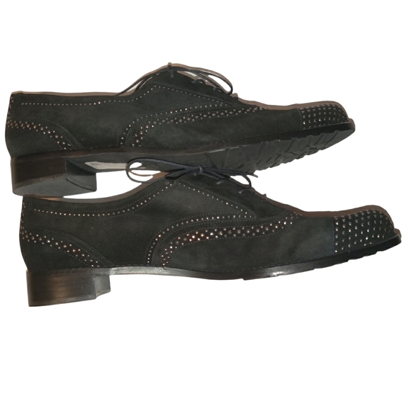 Stuart Weitzman Leather Suede Lace Up Studded Heeled Oxford Loafers - Picture 10 of 16